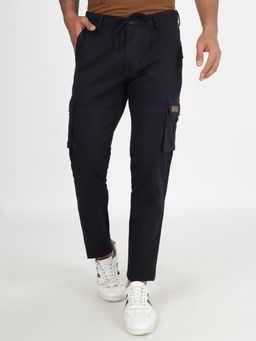 JadeBlue - Men's Navy Blue 100% Cotton Slim Fit Solid Cargo Pant