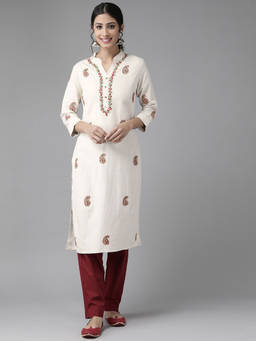 ADA - Hand Embroidered Off White Cotton Lucknowi Chikan Kurta (XS) (A411173)
