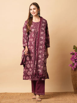 FASHOR - Burgundy Floral Printed Kurta with Pant & Dupatta (Set of 3)