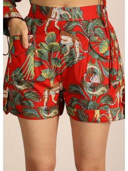 Kaori By Shreya - Red and Multicolor Floral Cotton Mini Shorts