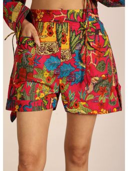 Kaori By Shreya - Red and Multicolor Floral Cotton Mini Shorts