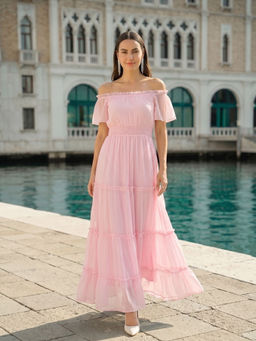 AAYU - Pink Chiffon Off-Shoulder Tiered Dress