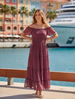 AAYU - Mauve Chiffon Off-Shoulder Tiered Dress