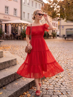 AAYU - Red Chiffon Off-Shoulder Tiered Dress