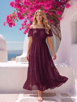 AAYU - Wine Chiffon Off-Shoulder Tiered Dress