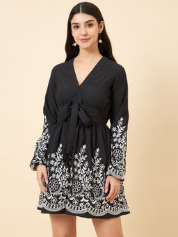 AAYU - Black Linen Blend Embroidered V-Neck Dress