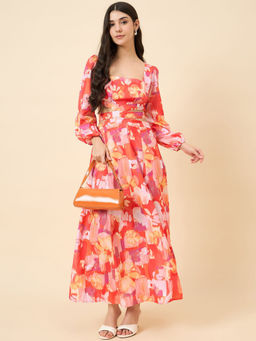 AAYU - Women's Pink Floral Printed Cut-Out Square Neck Dress