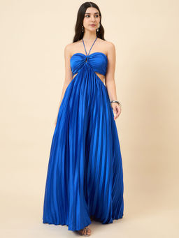 AAYU - Women's Blue Halter Neck Pleated Dress