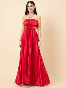 AAYU - Women's Red Halter Neck Pleated Dress