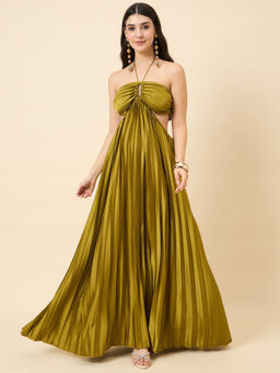 AAYU - Women's Olive Halter Neck Pleated Dress