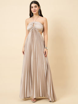 AAYU - Women's Beige Halter Neck Pleated Dress