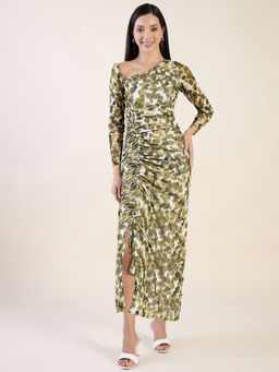 AAYU - Olive Floral Printed Asymmetric Neck Dress