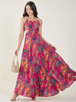 AAYU - Magenta Chanderi Silk Floral Printed Cut-Out Dress