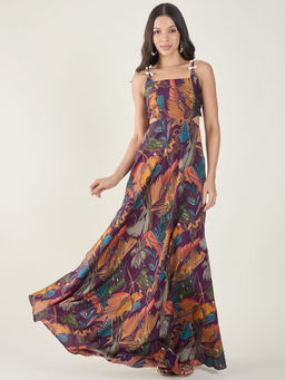 AAYU - Wine Chanderi Silk Floral Printed Cut-Out Dress