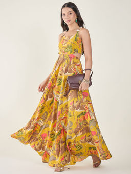 AAYU - Yellow Chanderi Silk Floral Printed Cut-Out Dress