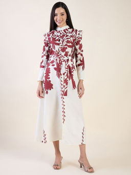 AAYU - White Floral Print Linen Blend Dress with Belt