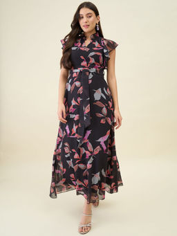 AAYU - Women's Black Printed Ruffled Neck A-Line Dress with Belt