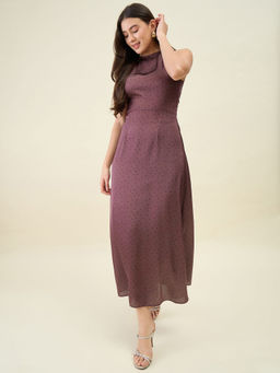 AAYU - Women's Wine Polka Dot High Neck Sleeveless Dress