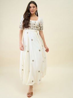 AAYU - Off White Embroidered Puff Sleeve Dress with Belt