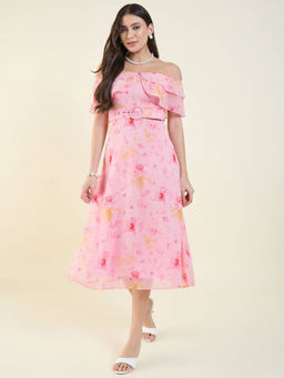 AAYU - Blush Pink Floral Print Off-Shoulder Dress with Belt