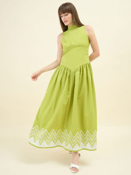 AAYU - Women's Green Sleeveless High Neck A-Line Dress