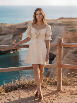 AAYU - Beige Lycra Puff Sleeves Dress