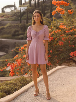 AAYU - Mauve Lycra Puff Sleeves Dress