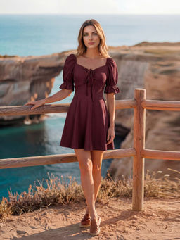 AAYU - Wine Lycra Puff Sleeves Dress