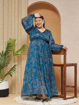 Miss Chase - A+ Curve Collection Plus Size Womens Multi-coloured Base Teal Maxi Dress