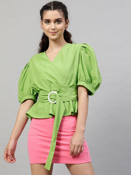 STREET 9 - Green Puff Sleeves Top With Belt