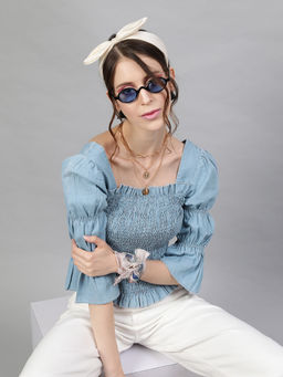 STREET 9 - Blue Denim Smocked Top