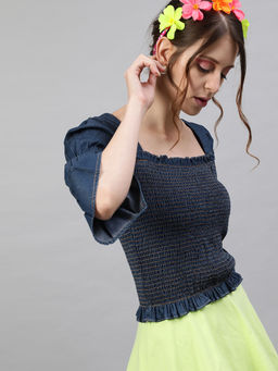 STREET 9 - Navy Blue Denim Smocked Top