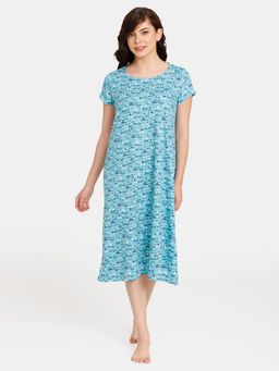 Zivame - Rosaline Emoji Knit Cotton Mid Length Nightdress Baltic-Blue