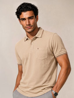 Van Heusen - Men Beige Pure Cotton Polo T-Shirt