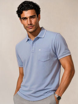 Van Heusen - Men Blue Pure Cotton Polo T-Shirt