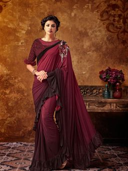 Odette - Maroon Lycra Designer Saree with Unstitched Blouse