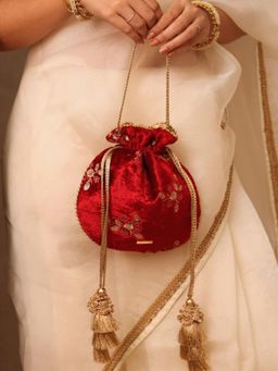 AMYRA - Ras Velvet Embroidered Potli Bag - Red
