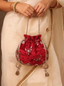 AMYRA - Ras Velvet Scallop Embroidered Potli Bag - Red