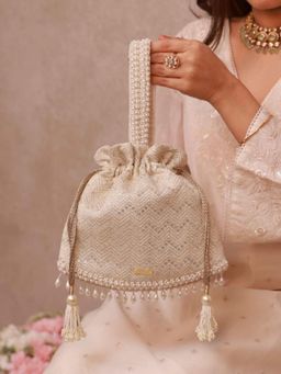 AMYRA - Mayuri Embroidered top handle Potli Bag - Off-white