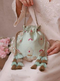 AMYRA - Nihari Scallop Silk Potli Bag - Aqua Blue