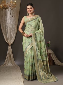 Akhilam - Womens Cotton Blend Light Green Woven Design Designer Saree with Unstitched Blouse