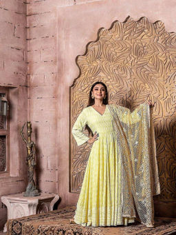 MONK & MEI - Women Yellow Falak Embroidered Anarkali Dress and Dupatta