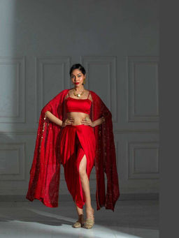 MONK & MEI - Women Riviera Rose Red Tube Top with Dhoti Pant and Cape