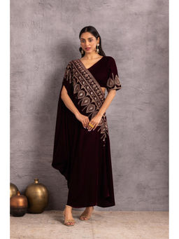 SEW - Women's Wine velevet Saree Drape Fusion Dress with Bluse