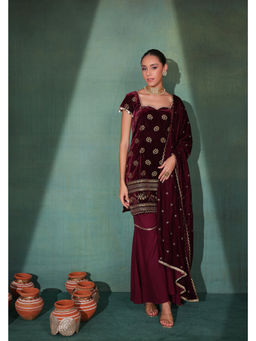 SEW - Women Wine Embroidered Kurti with Palazzo and Dupatta