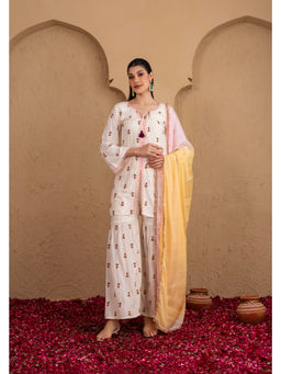 SEW - Women Cream Pearly Floral Embroidered Kurti with Sharara and Dupatta