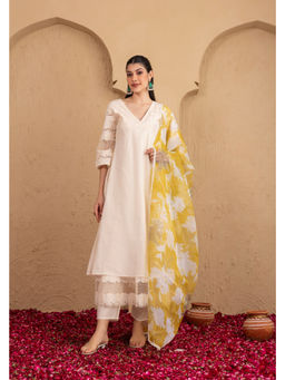SEW - Women Cream Floral Printed Kurta with Pant and Dupatta