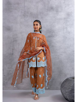 SEW - Women Chocalate Brown Embroidery Kurti with Palazzo and Dupatta