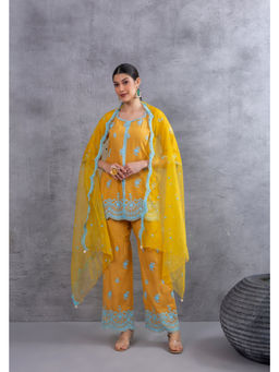SEW - Women Mustard Embroidered Kurti with Palazzo and Dupatta