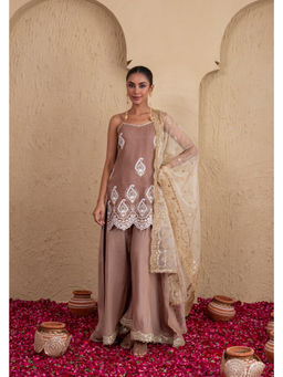 SEW - Women Brown Embroidered Kurti with Palazzo and Dupatta